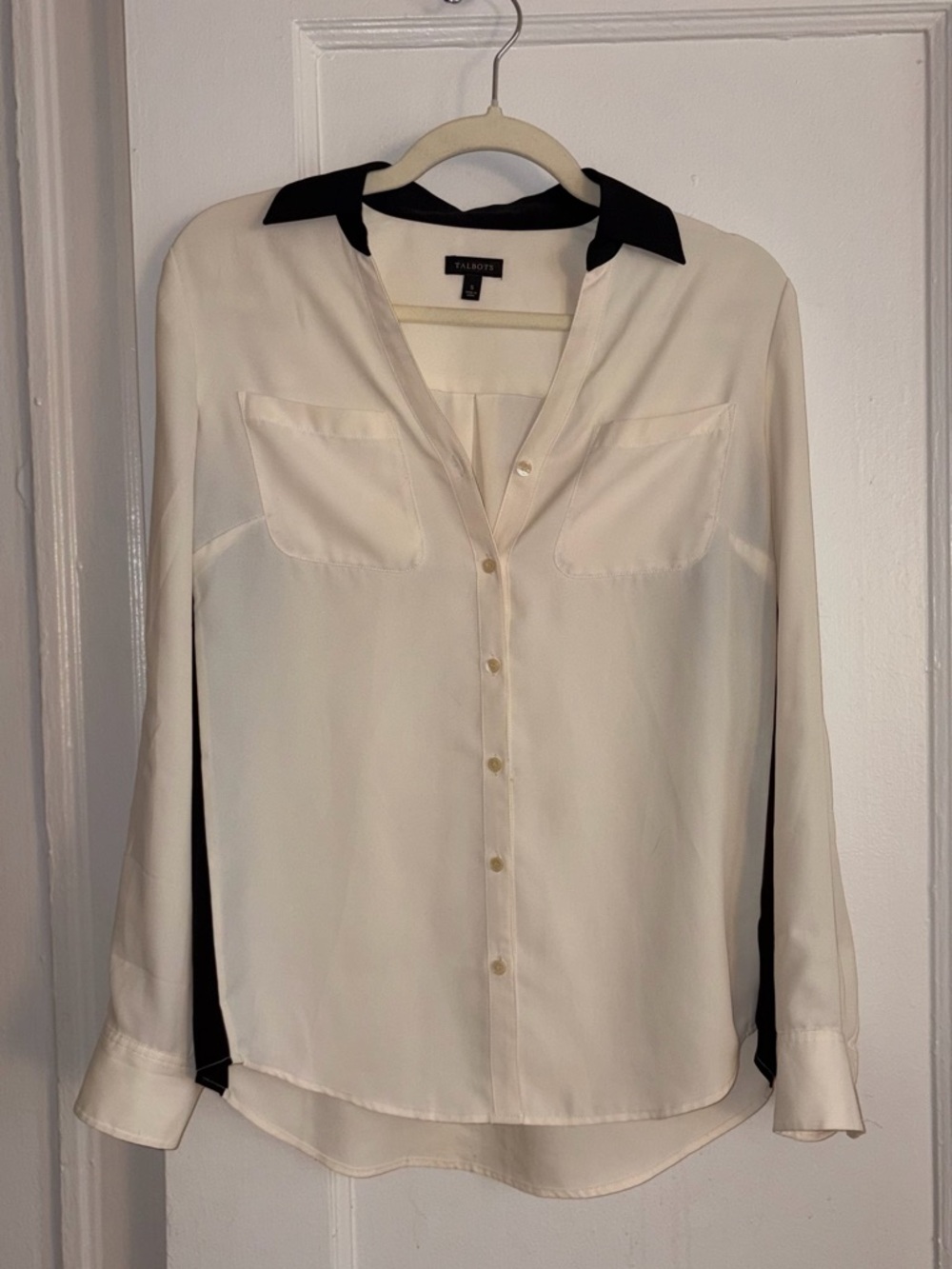 Talbots - Cream Button-Down Blouse with Black Collar and Side Panels